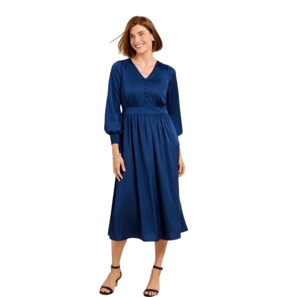 Talbots SOFT SATIN CHARMEUSE SMOCKED MIDI DRESS gorgeous blue feminine flirty